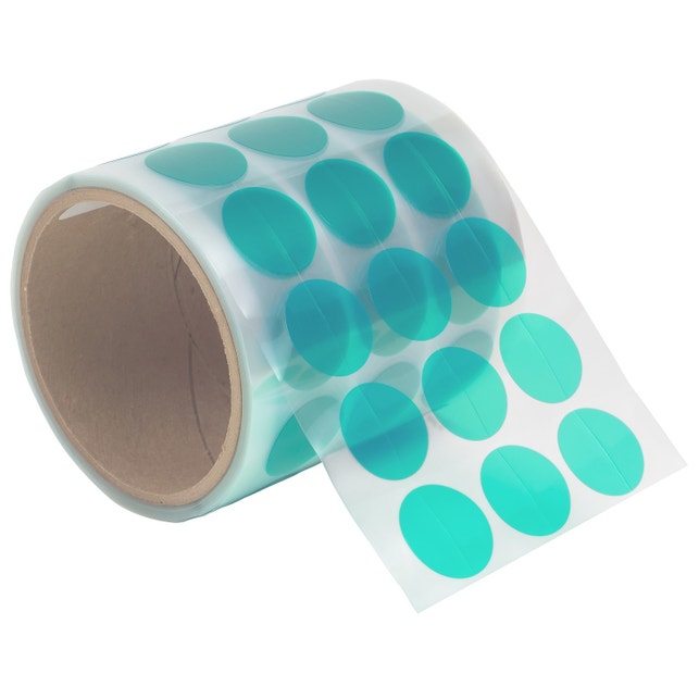 These die cuts are manufactured from a thin, commercial grade polyester film with a pressure sensitive silicone adhesive. These die cuts are manufactured from a thin, commercial grade polyester film with a pressure sensitive silicone adhesive.